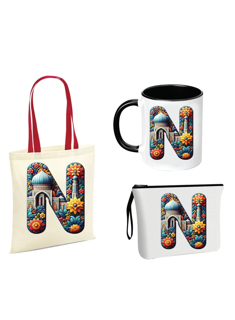 Pack of 3 Initial Monogram Gift Set - Black Coffee Mug, Cosmetic Bag and Cotton Tote bag Set - Gift Set for Her - Perfect for Ramadan, School, Travel and Birthday Gift