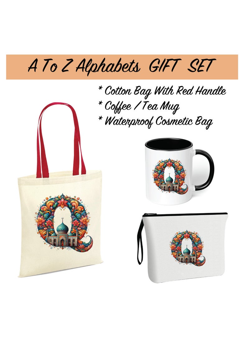 Pack of 3 Initial Monogram Gift Set - Black Coffee Mug, Cosmetic Bag and Cotton Tote bag Set - Gift Set for Her - Perfect for Ramadan, School, Travel and Birthday Gift