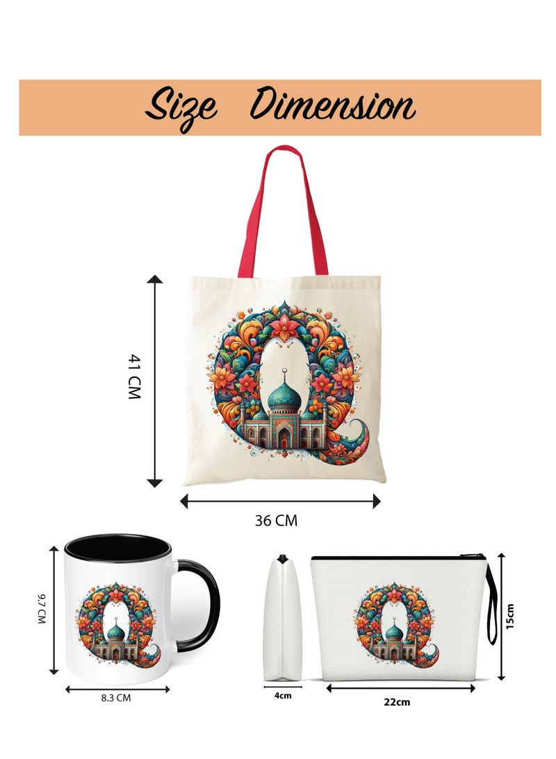 Pack of 3 Initial Monogram Gift Set - Black Coffee Mug, Cosmetic Bag and Cotton Tote bag Set - Gift Set for Her - Perfect for Ramadan, School, Travel and Birthday Gift