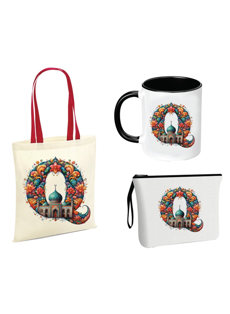 Pack of 3 Initial Monogram Gift Set - Black Coffee Mug, Cosmetic Bag and Cotton Tote bag Set - Gift Set for Her - Perfect for Ramadan, School, Travel and Birthday Gift