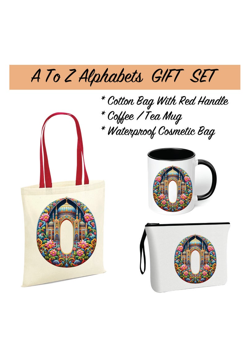 Pack of 3 Initial Monogram Gift Set - Black Coffee Mug, Cosmetic Bag and Cotton Tote bag Set - Gift Set for Her - Perfect for Ramadan, School, Travel and Birthday Gift