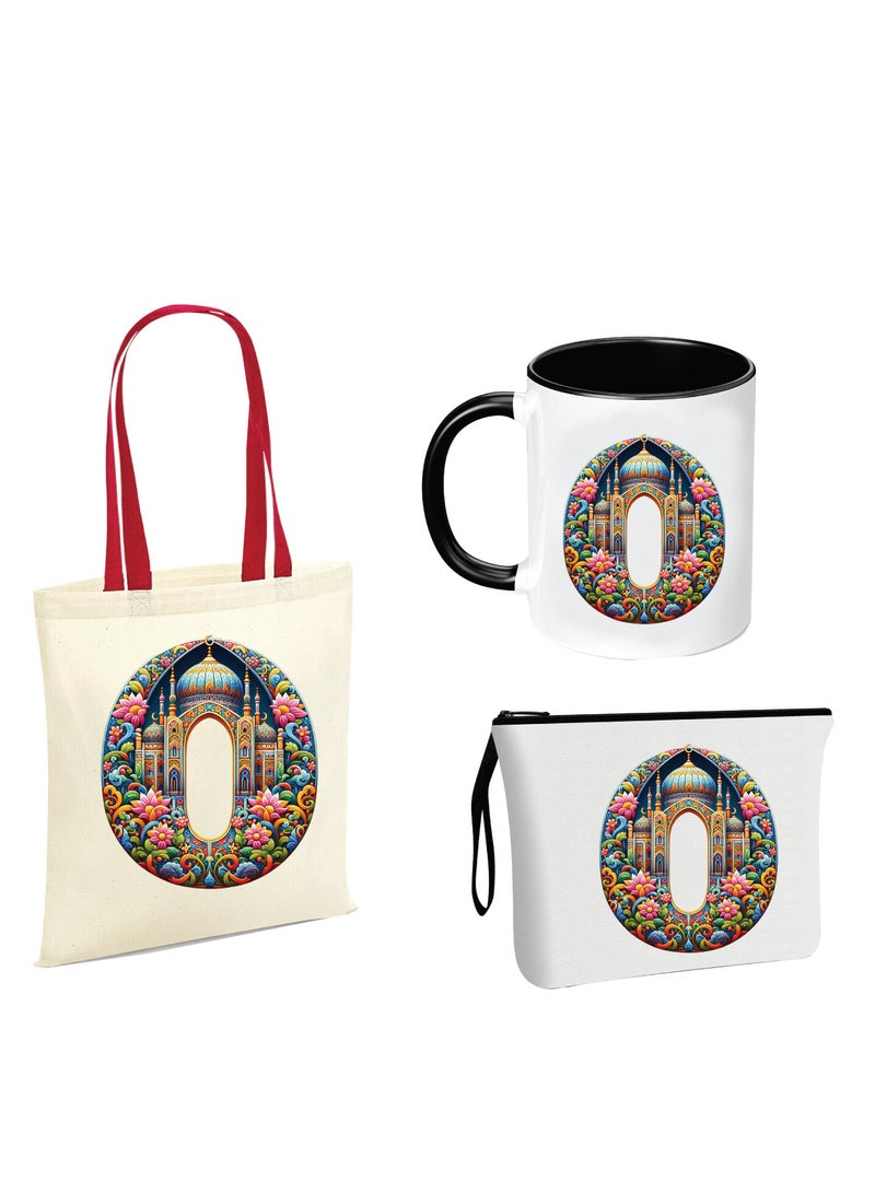 Pack of 3 Initial Monogram Gift Set - Black Coffee Mug, Cosmetic Bag and Cotton Tote bag Set - Gift Set for Her - Perfect for Ramadan, School, Travel and Birthday Gift