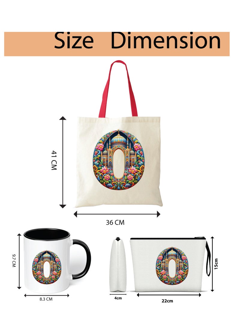Pack of 3 Initial Monogram Gift Set - Black Coffee Mug, Cosmetic Bag and Cotton Tote bag Set - Gift Set for Her - Perfect for Ramadan, School, Travel and Birthday Gift
