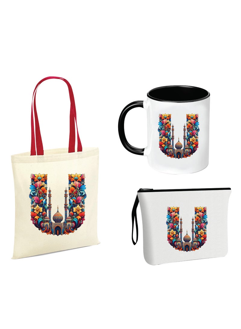 Pack of 3 Initial Monogram Gift Set - Black Coffee Mug, Cosmetic Bag and Cotton Tote bag Set - Gift Set for Her - Perfect for Ramadan, School, Travel and Birthday Gift
