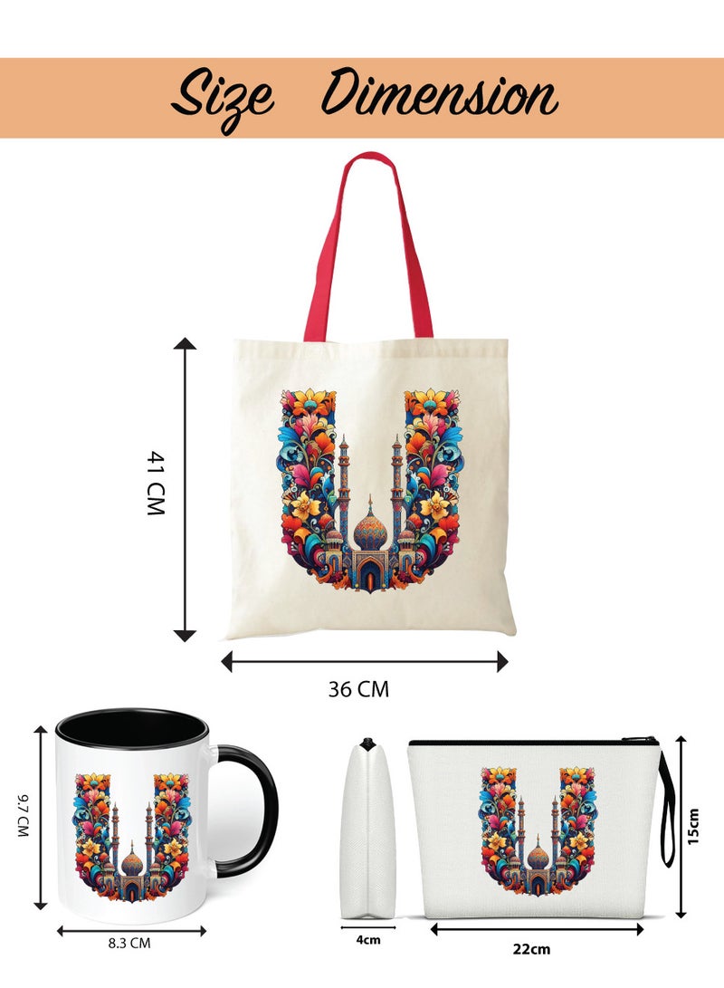 Pack of 3 Initial Monogram Gift Set - Black Coffee Mug, Cosmetic Bag and Cotton Tote bag Set - Gift Set for Her - Perfect for Ramadan, School, Travel and Birthday Gift