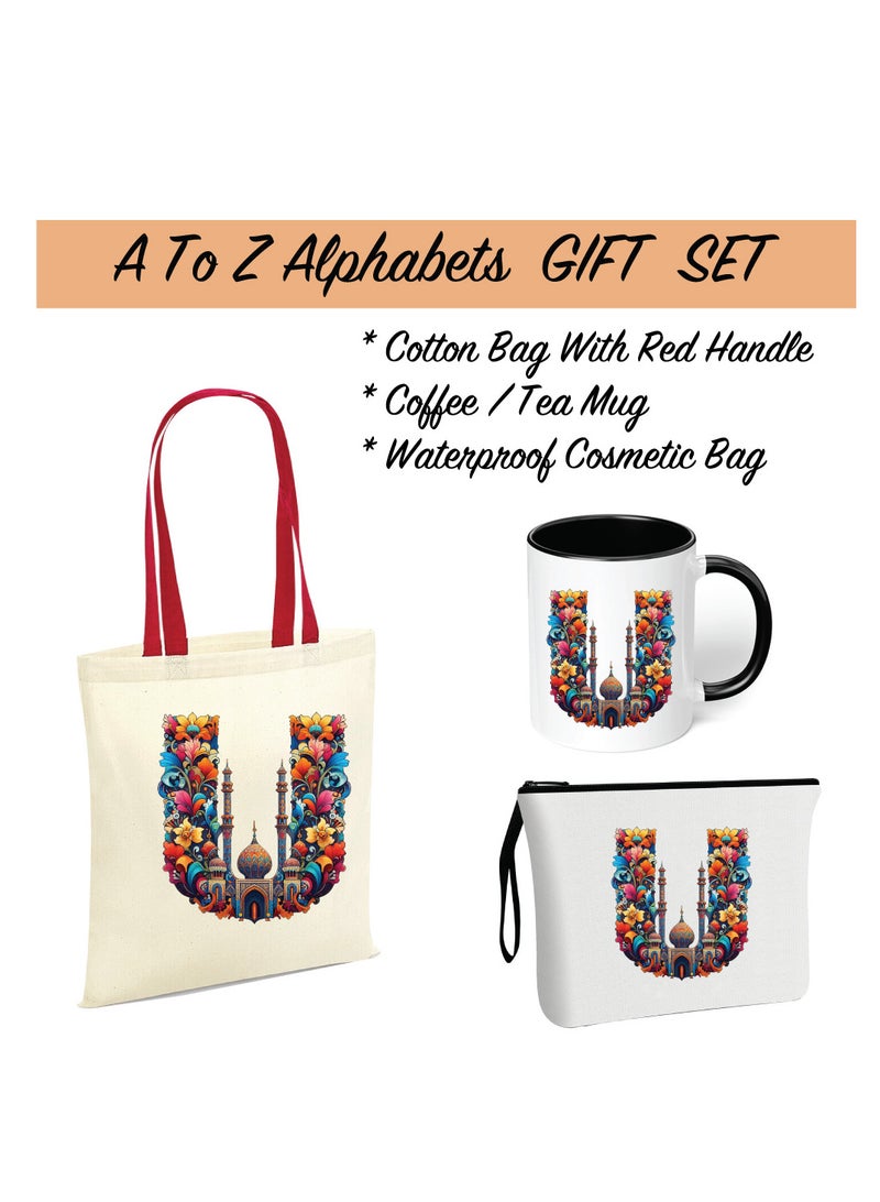 Pack of 3 Initial Monogram Gift Set - Black Coffee Mug, Cosmetic Bag and Cotton Tote bag Set - Gift Set for Her - Perfect for Ramadan, School, Travel and Birthday Gift