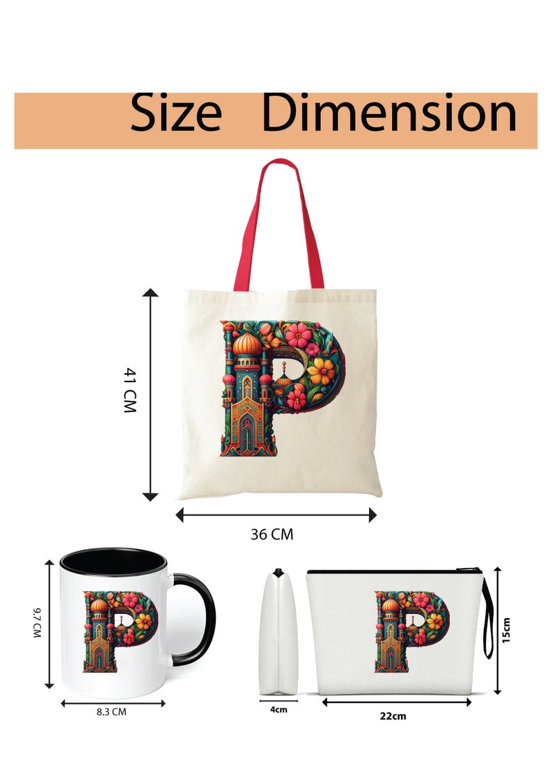Pack of 3 Initial Monogram Gift Set - Black Coffee Mug, Cosmetic Bag and Cotton Tote bag Set - Gift Set for Her - Perfect for Ramadan, School, Travel and Birthday Gift
