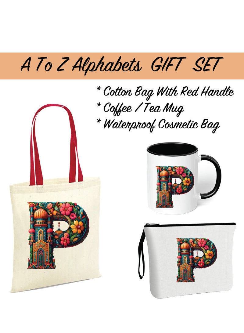 Pack of 3 Initial Monogram Gift Set - Black Coffee Mug, Cosmetic Bag and Cotton Tote bag Set - Gift Set for Her - Perfect for Ramadan, School, Travel and Birthday Gift