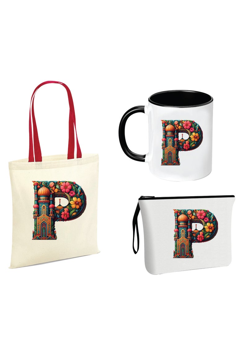 Pack of 3 Initial Monogram Gift Set - Black Coffee Mug, Cosmetic Bag and Cotton Tote bag Set - Gift Set for Her - Perfect for Ramadan, School, Travel and Birthday Gift