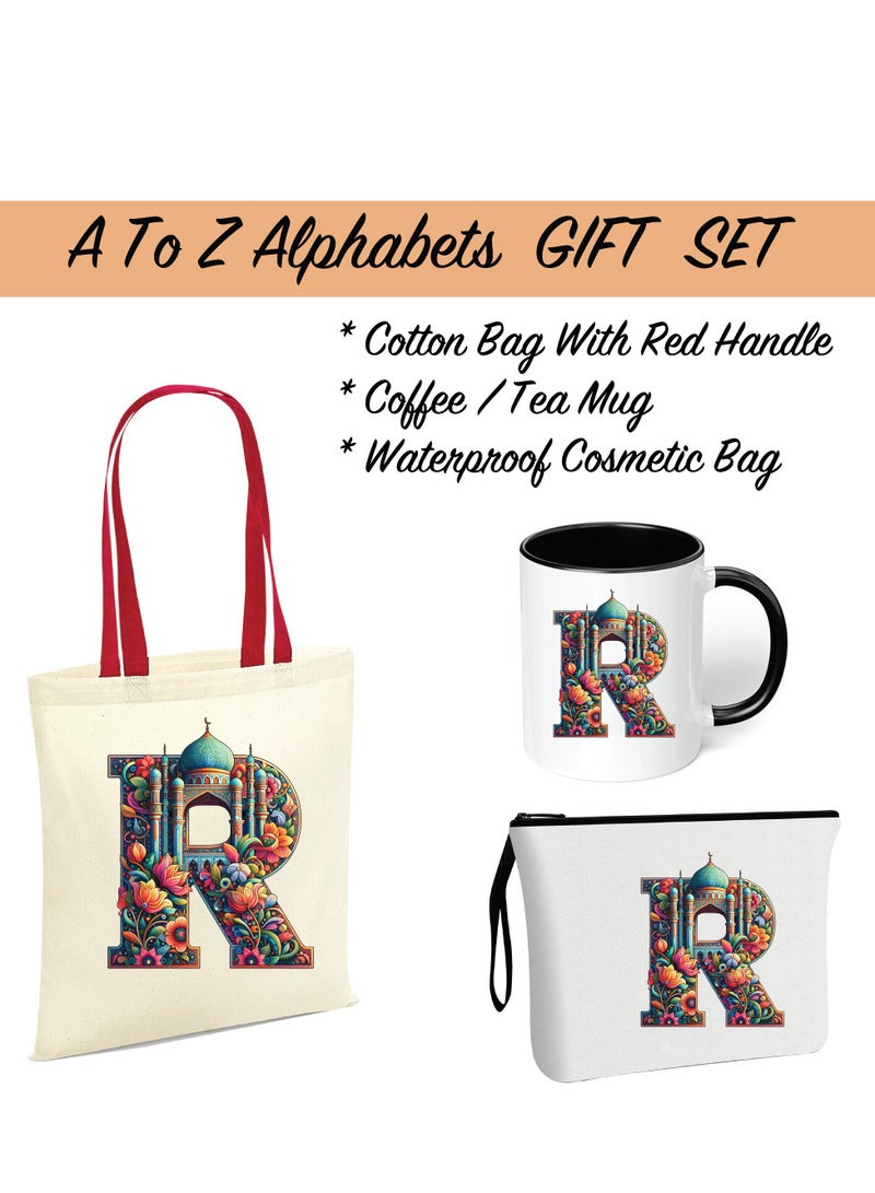 Pack of 3 Initial Monogram Gift Set - Black Coffee Mug, Cosmetic Bag and Cotton Tote bag Set - Gift Set for Her - Perfect for Ramadan, School, Travel and Birthday Gift