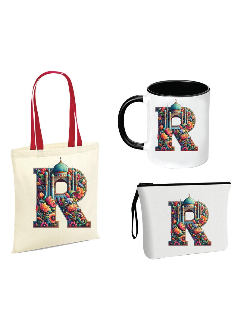 Pack of 3 Initial Monogram Gift Set - Black Coffee Mug, Cosmetic Bag and Cotton Tote bag Set - Gift Set for Her - Perfect for Ramadan, School, Travel and Birthday Gift