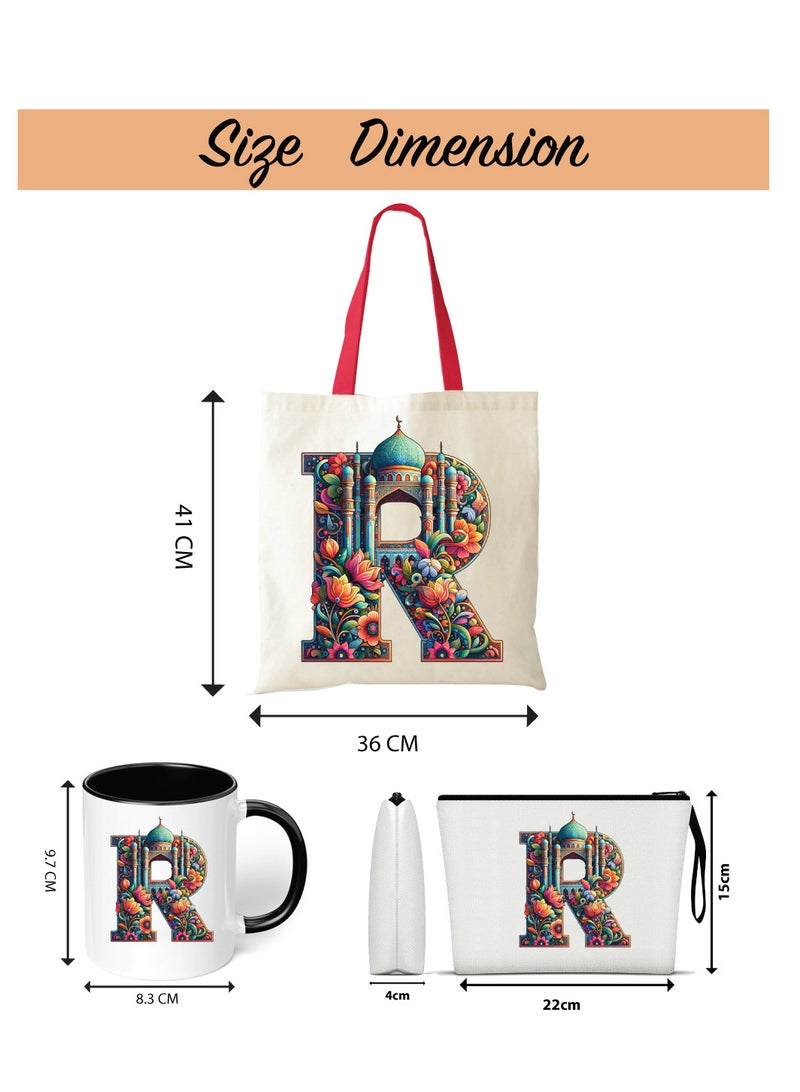 Pack of 3 Initial Monogram Gift Set - Black Coffee Mug, Cosmetic Bag and Cotton Tote bag Set - Gift Set for Her - Perfect for Ramadan, School, Travel and Birthday Gift