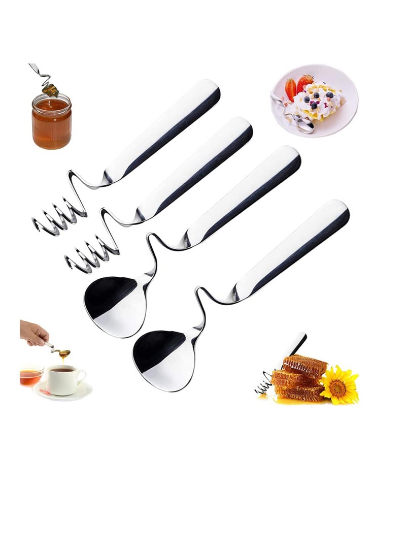 Jam Spoon and Honey Spoon, 4 Pcs Stainless Steels Honey Spoons and Honey Dipper, Stainless Steel Honeycomb Stick Spoon Stirrer Server, With Spiral Sugar Spoon, for Jam,Yogurt,Honey, Jellies, Syrup