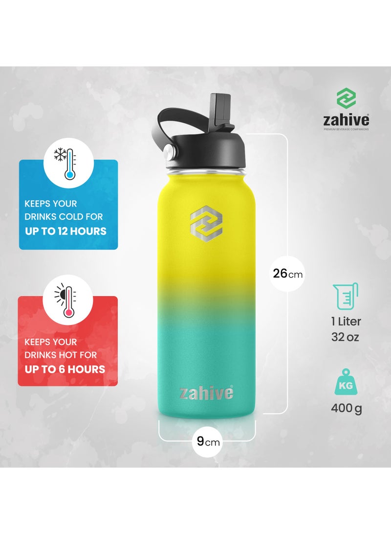 Stainless Steel Insulated Water Bottle with Straw with 3 Lids and Bag 1000 ml, Double Wall Thermos for Hot and Cold Drinks for Gym and Work, Wide Mouth, Leak Proof, 1 liter, Yellow Green