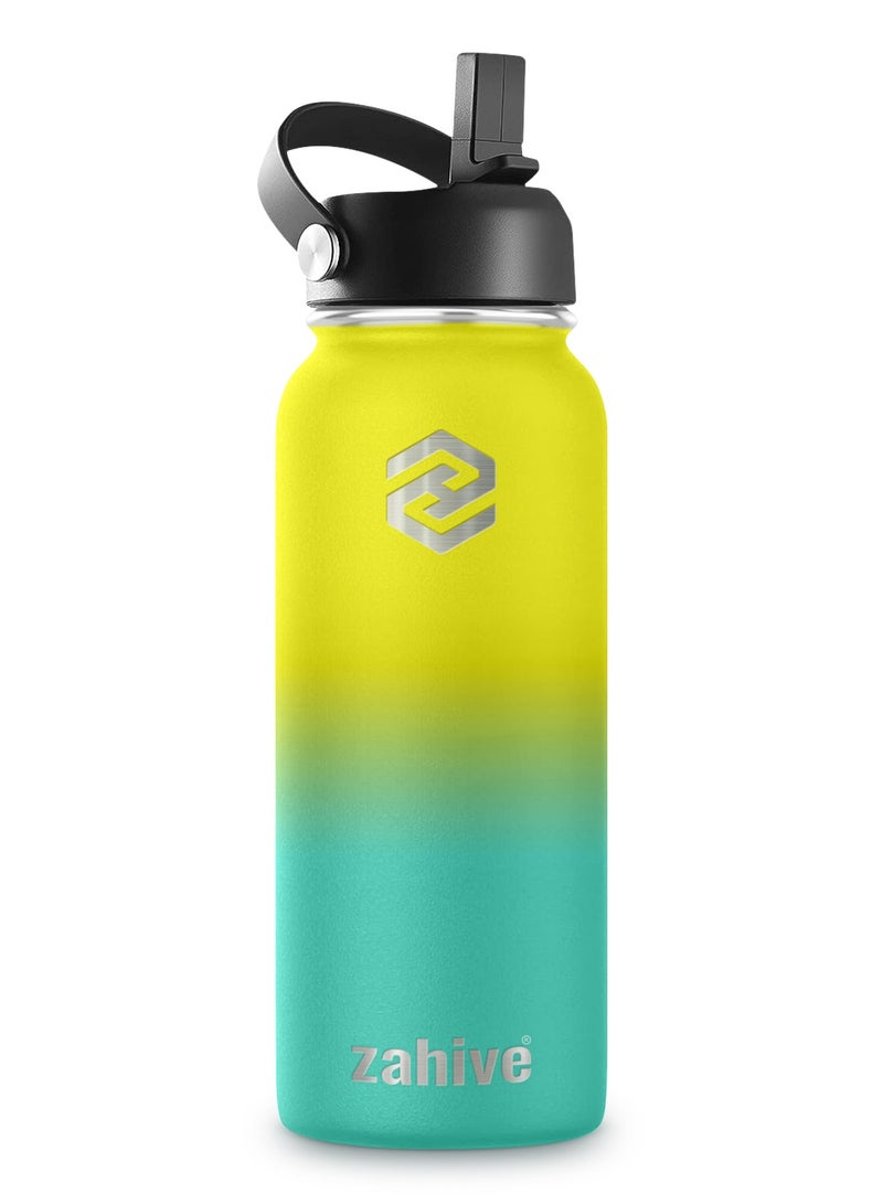 Stainless Steel Insulated Water Bottle with Straw with 3 Lids and Bag 1000 ml, Double Wall Thermos for Hot and Cold Drinks for Gym and Work, Wide Mouth, Leak Proof, 1 liter, Yellow Green