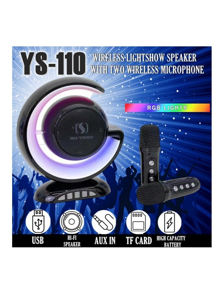 YS-110 Karaoke Machine with Two Wireless Microphones Portable Bluetooths Speaker for Home Karaoke Birthday Party with Microfone Mic and Colorful LED