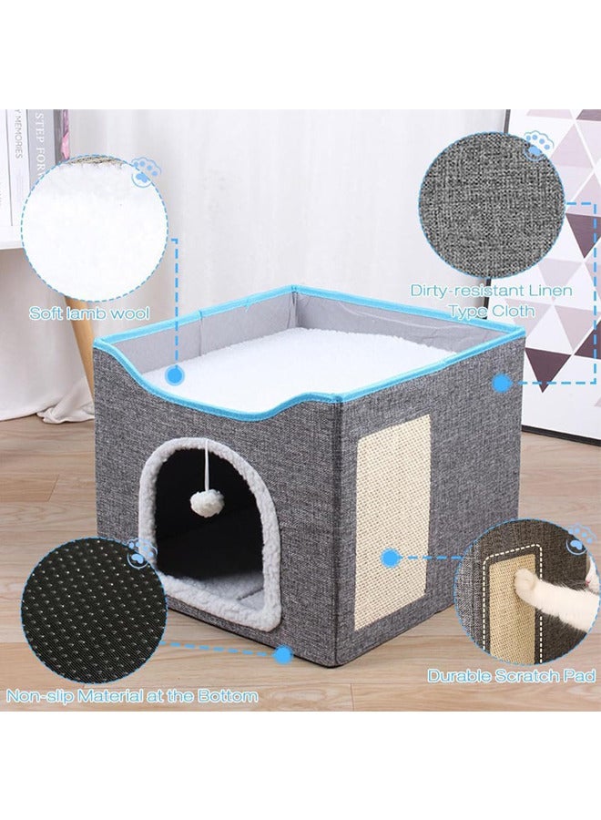 Foldable Cat House with Scratcher,Large Pet Play House with Fluffy Ball Hanging,Scratch Pad(new, grey)