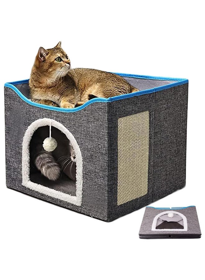 Foldable Cat House with Scratcher,Large Pet Play House with Fluffy Ball Hanging,Scratch Pad(new, grey)