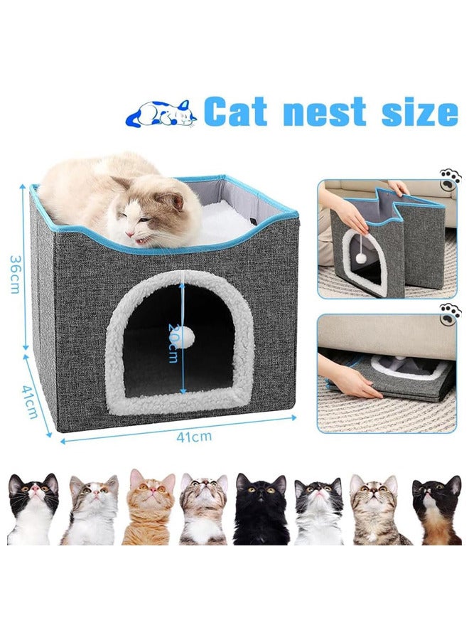 Foldable Cat House with Scratcher,Large Pet Play House with Fluffy Ball Hanging,Scratch Pad(new, grey)