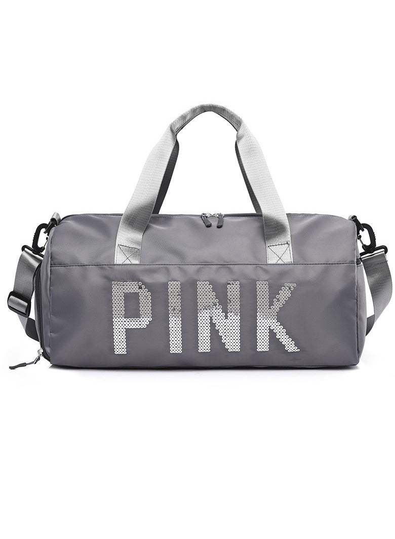 Large Capacity Letter Printed Sequins Luggage Bag Travel Bag Sports And Fitness Bag Dry Wet Separation Duffel Bag Grey/Silver