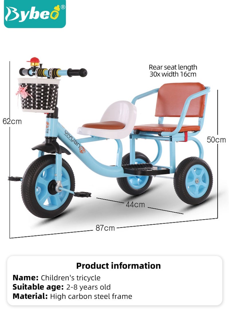 Double Seat Children Tricycle, Kids Trike Bike, Toddlers Ride-On Tricycle With Large Rear Seat, Twins Stroller For Baby Boys And Girls Ages 1-8 Years Old