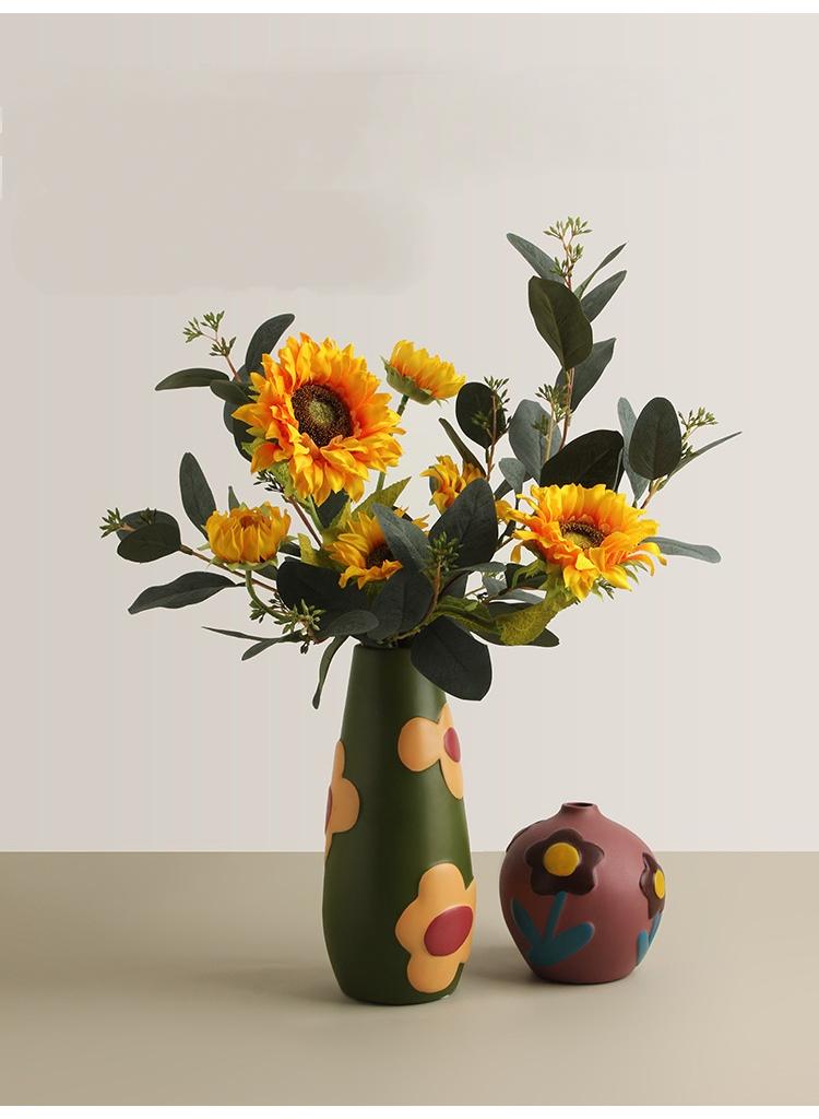 Creative Home Decor Set Of 2 Pcs Painted Ceramic Vases With Morandi Color For Living Room With Simulated Flower Set