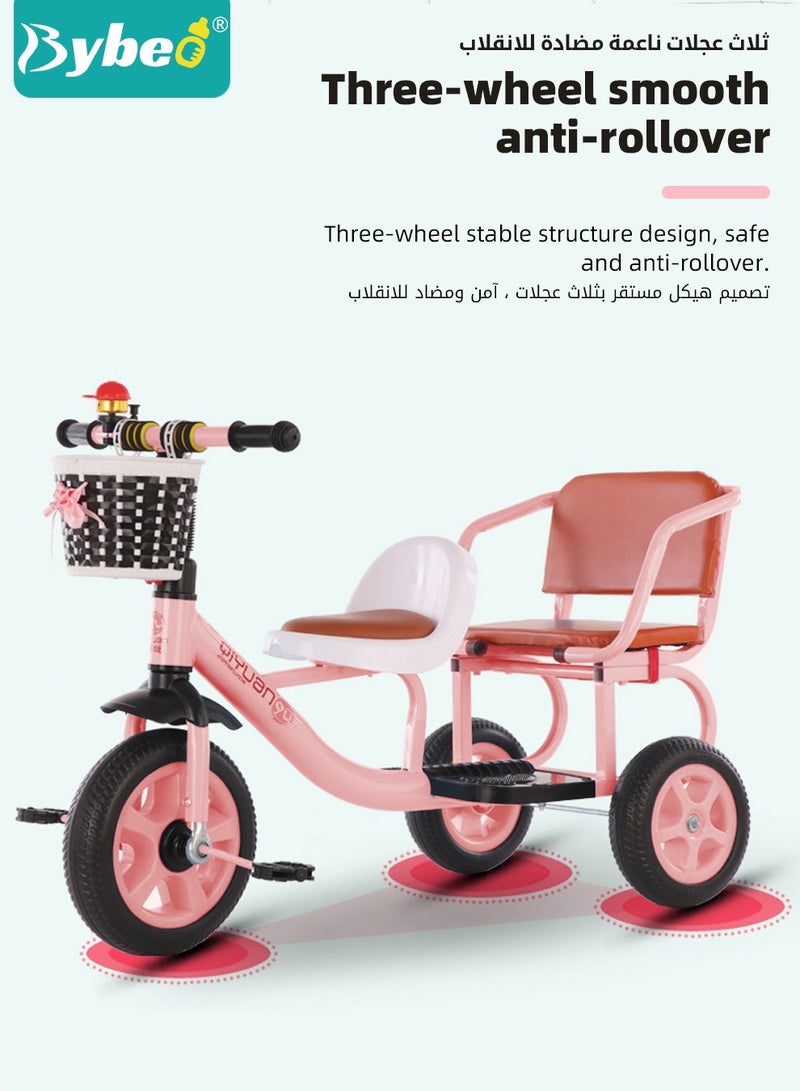 Double Seat Children Tricycle,Kids Trike Bike, Toddlers Ride-On Tricycle with Large Rear Seat,Twins Stroller for Baby Boys and Girls Ages 1-8 Years Old