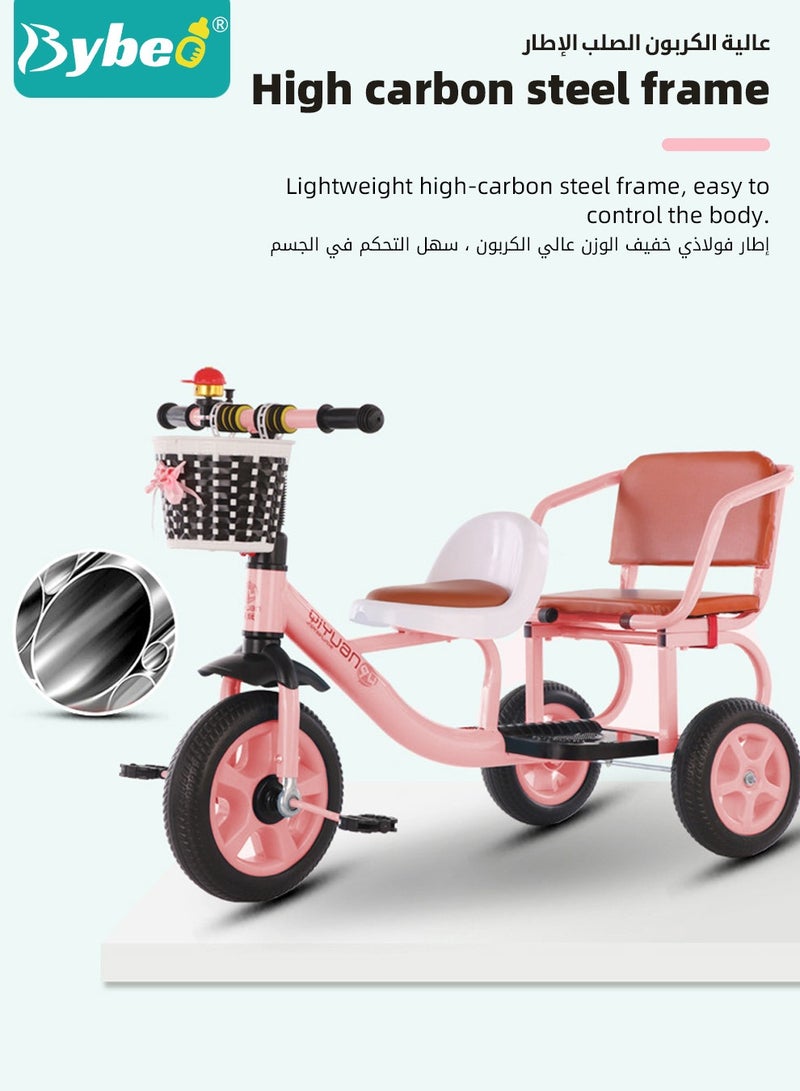 Double Seat Children Tricycle,Kids Trike Bike, Toddlers Ride-On Tricycle with Large Rear Seat,Twins Stroller for Baby Boys and Girls Ages 1-8 Years Old