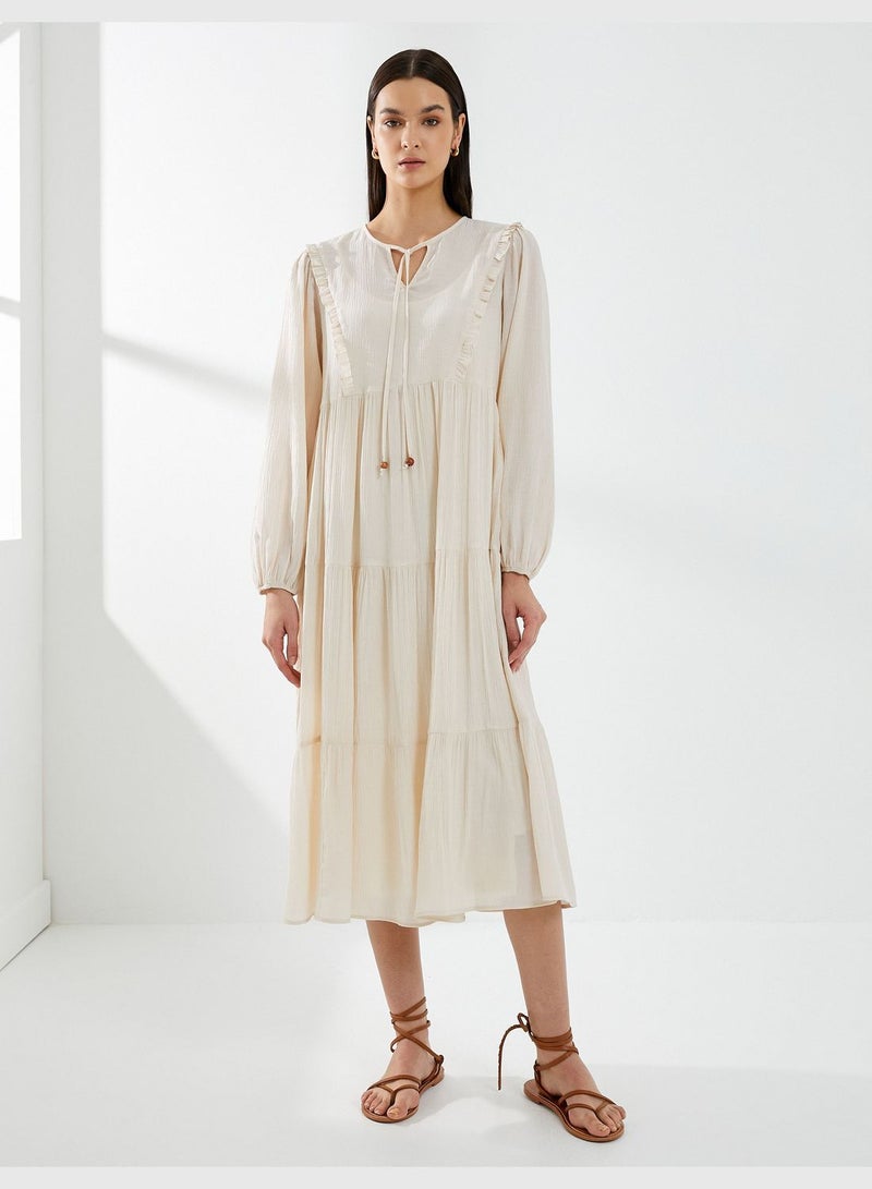 Tie Neck Puff Sleeve Midi Viscose Dress