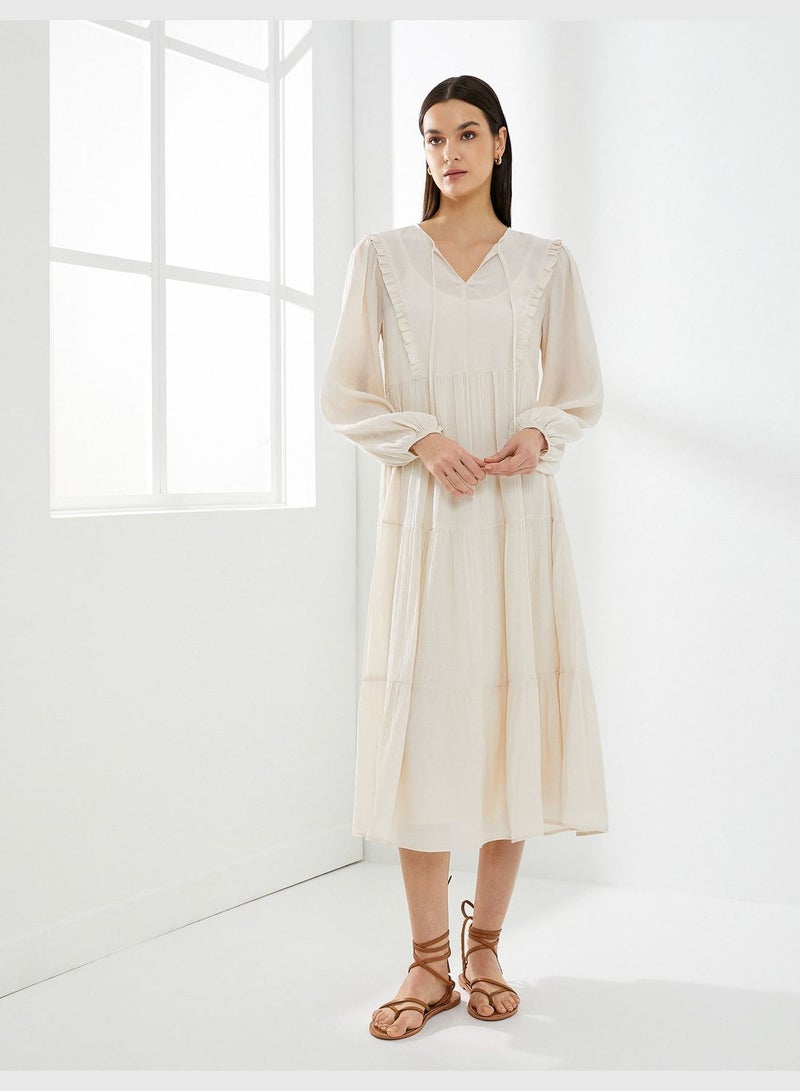 Tie Neck Puff Sleeve Midi Viscose Dress