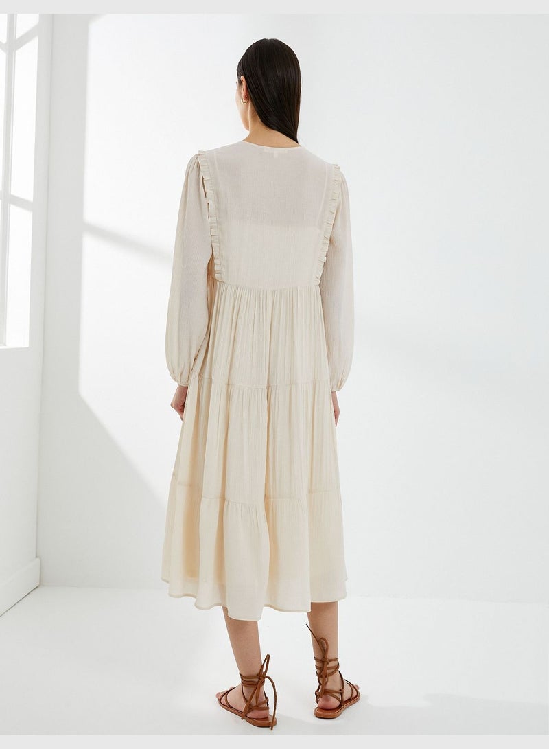 Tie Neck Puff Sleeve Midi Viscose Dress