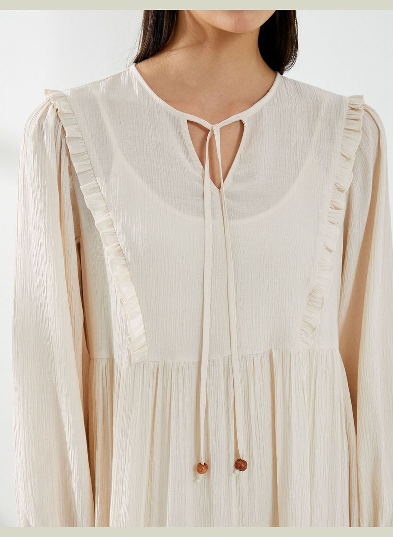 Tie Neck Puff Sleeve Midi Viscose Dress