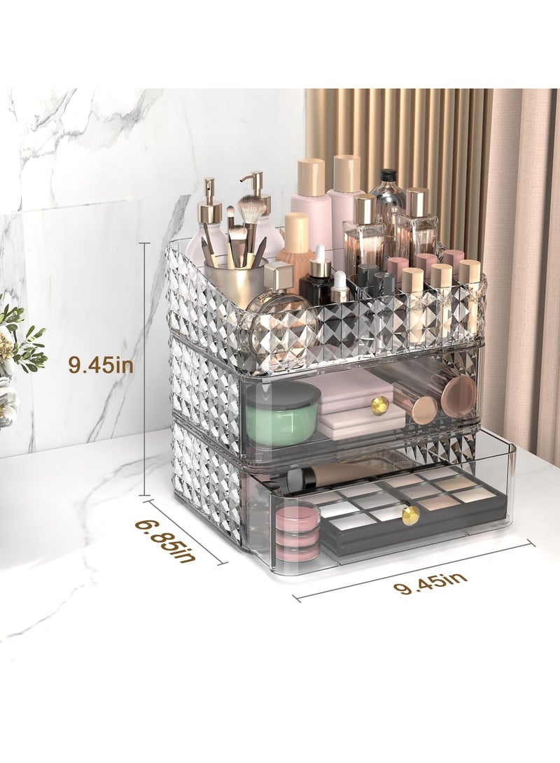 Cosmetic Case, Stackable Cosmetic Organizer, Cosmetic Display Case with 2 Drawers and 1 Tray for Cosmetic Brushes, Hair Accessories, Lipstick and Jewelry, Clear