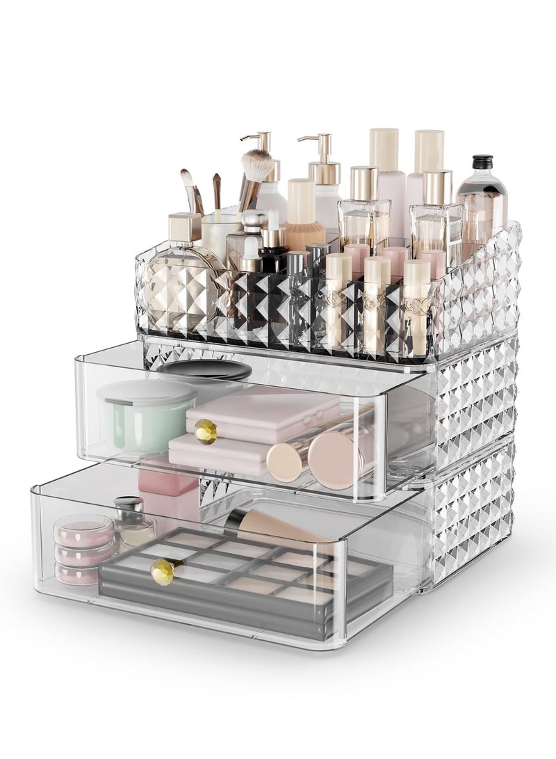 Cosmetic Case, Stackable Cosmetic Organizer, Cosmetic Display Case with 2 Drawers and 1 Tray for Cosmetic Brushes, Hair Accessories, Lipstick and Jewelry, Clear