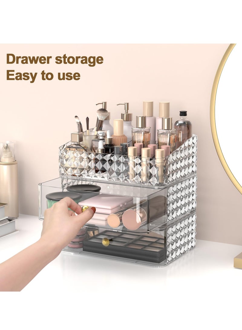 Cosmetic Case, Stackable Cosmetic Organizer, Cosmetic Display Case with 2 Drawers and 1 Tray for Cosmetic Brushes, Hair Accessories, Lipstick and Jewelry, Clear