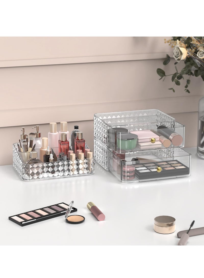 Cosmetic Case, Stackable Cosmetic Organizer, Cosmetic Display Case with 2 Drawers and 1 Tray for Cosmetic Brushes, Hair Accessories, Lipstick and Jewelry, Clear