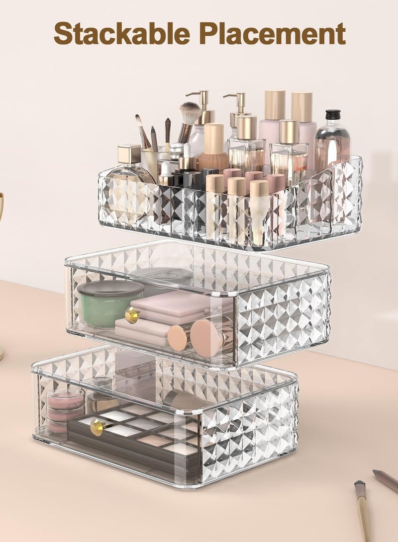 Cosmetic Case, Stackable Cosmetic Organizer, Cosmetic Display Case with 2 Drawers and 1 Tray for Cosmetic Brushes, Hair Accessories, Lipstick and Jewelry, Clear