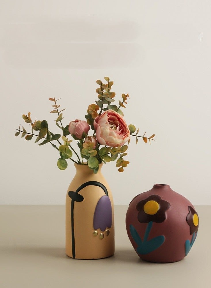 Creative Home Decor Set Of 2 Pcs Painted Ceramic Vases With Morandi Color For Living Room With Simulated Flower Set
