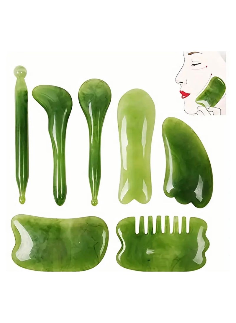 7pcs Natural Jade Gua Sha Massage Tool Facial And Body Scraper For Acupuncture And Beauty Care Eye Beauty Stick And Tendon Stick Skin Care And Muscle Relaxation