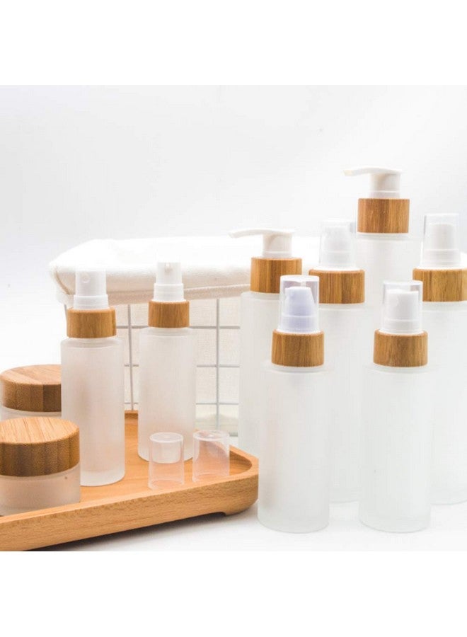 1Pcs 150Ml 5Oz Frosted Glass Pump Bottles Empty Refillable Press Pump Bottle With Bamboo Pump Head Toiletries Storage Containers For Shampoo Essential Oils Shower Gel Hand Wash Lotion Dispenser