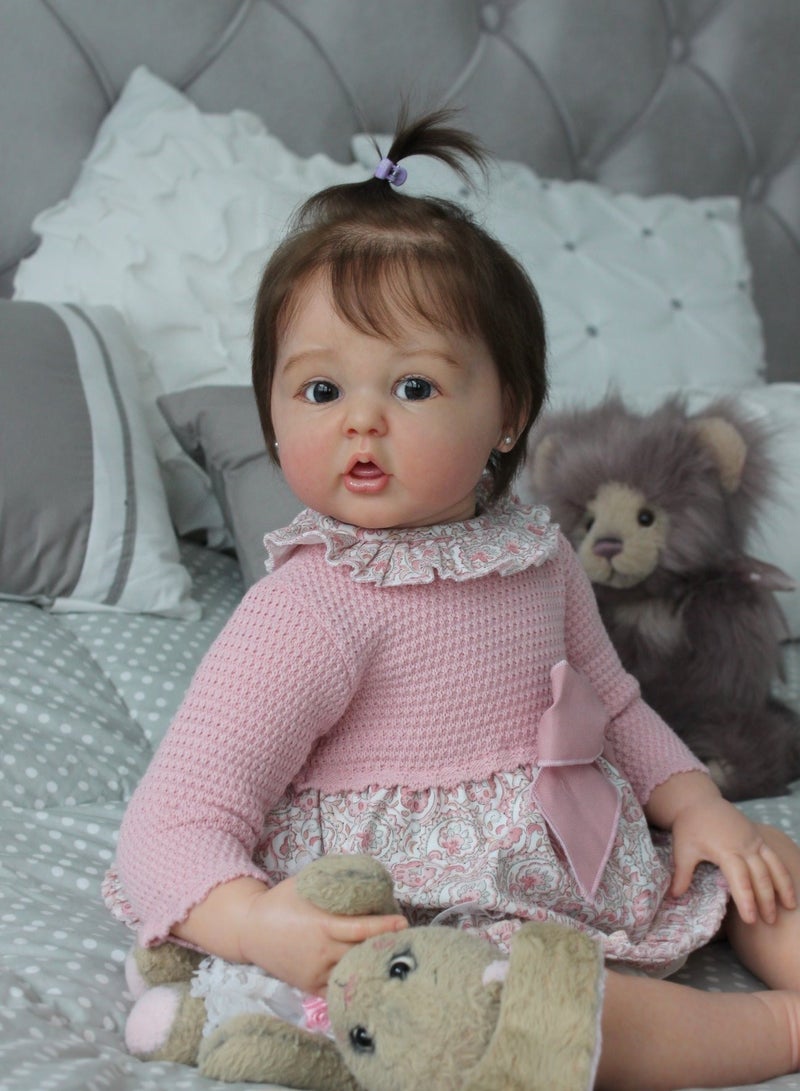 22 Inch Lifelike Reborn Toddler Dolls Full Body Vinyl Silicone with Long Hair, Beautiful Realistic Newborn Baby Doll with Feeding Toy for Kids Birthday.