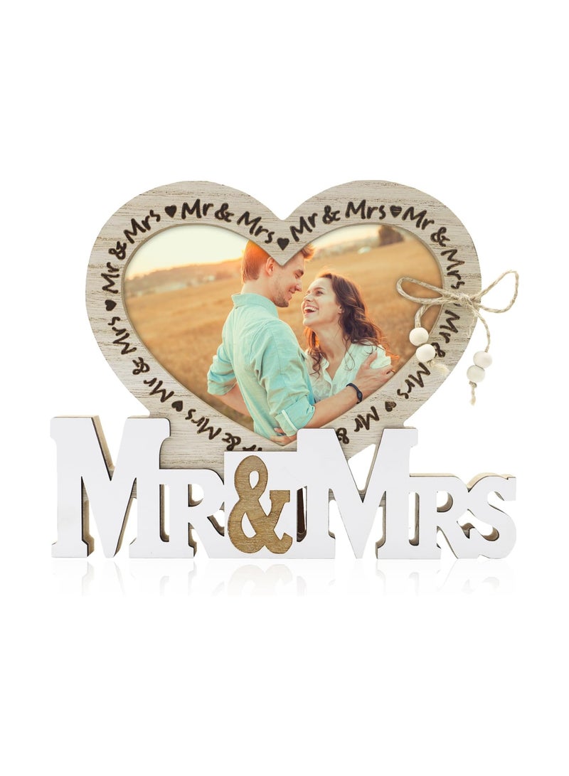 Heart Mr & Mrs Wedding Photo Frame, Personalised Wooden Photo Frames Couple Romantic Frames, Tabletop Picture Display, Wedding Decorations Gifts for Bride and Groom Newlywed Anniversary