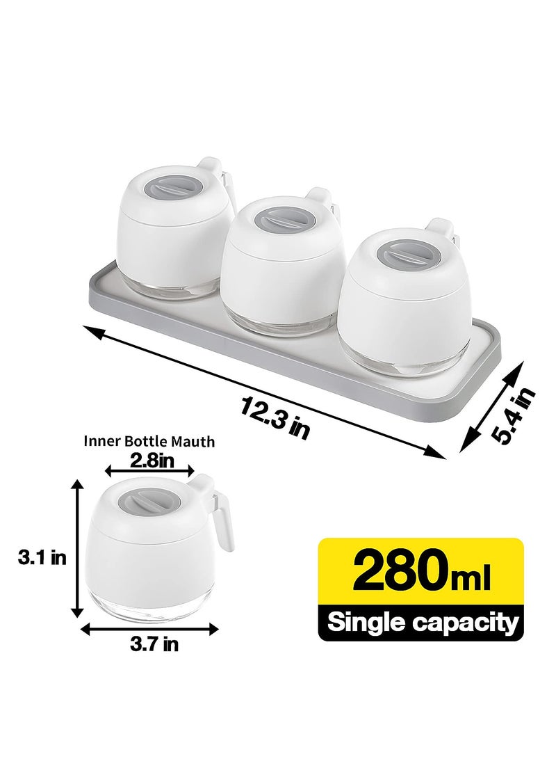 Condiment Jar Spice Container, Seasoning Box Glass, Airtight Spice Pots with Spoon Lid 280ml/9.9oz Sugar Bowl Set of 3, Salt and Sugar Container, Sugar Flour Coffee Container for Kitchen Counter Home