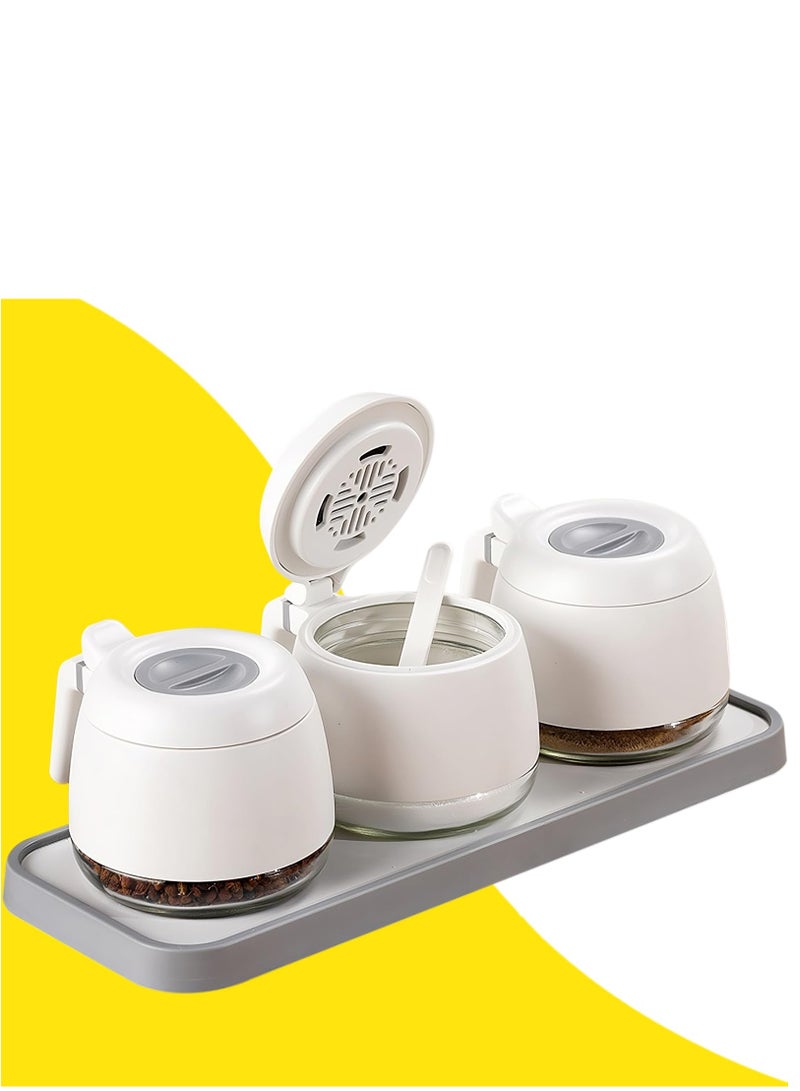 Condiment Jar Spice Container, Seasoning Box Glass, Airtight Spice Pots with Spoon Lid 280ml/9.9oz Sugar Bowl Set of 3, Salt and Sugar Container, Sugar Flour Coffee Container for Kitchen Counter Home