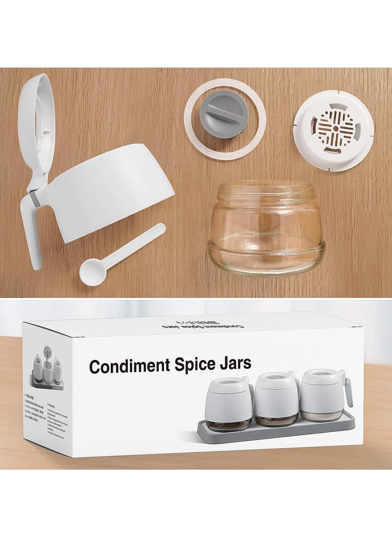 Condiment Jar Spice Container, Seasoning Box Glass, Airtight Spice Pots with Spoon Lid 280ml/9.9oz Sugar Bowl Set of 3, Salt and Sugar Container, Sugar Flour Coffee Container for Kitchen Counter Home