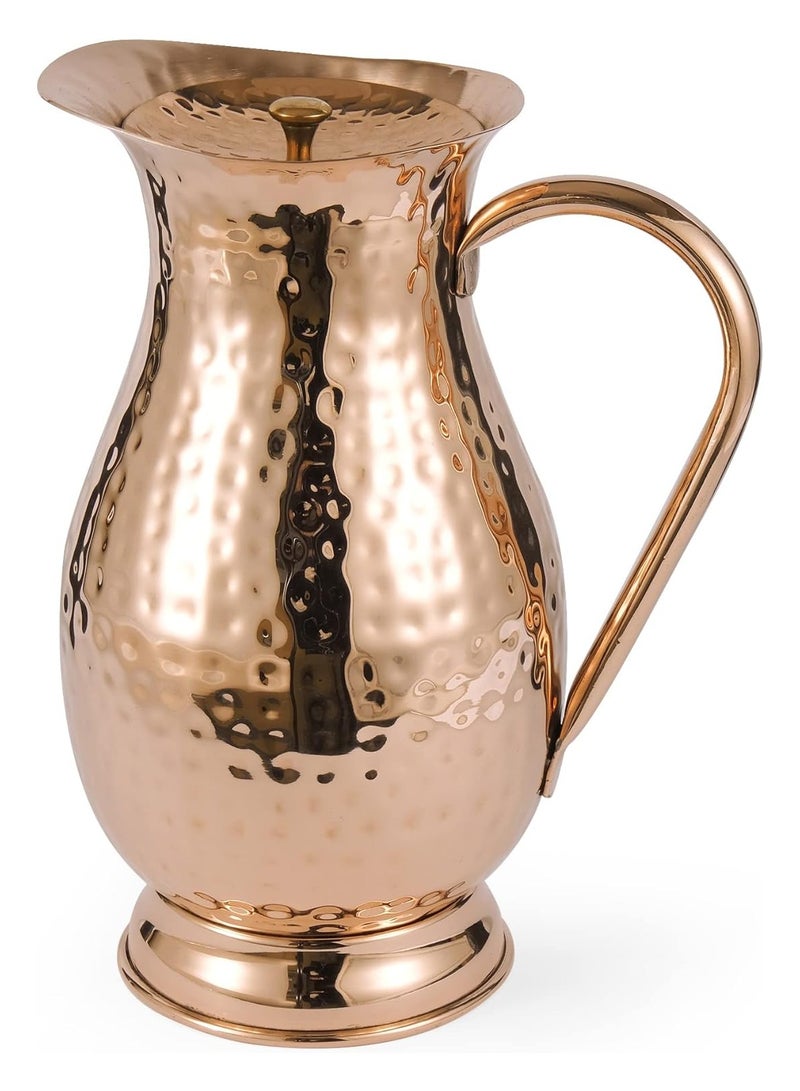 Copper Jug/Pitcher with a Lid - Pure Solid Copper Handcrafted Hammered Jug, Capacity 70 Oz/ 2000 ML, Pure Copper For Home, Hotel & Gifting