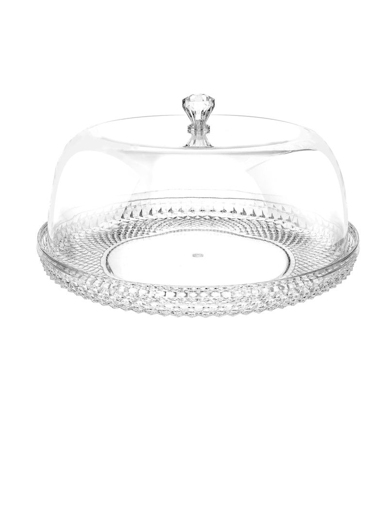 AKDC 12 Inch Clear Food Grade Acrylic Diamond Pattern Cake Dessert Platter with Cloche Bell Cove