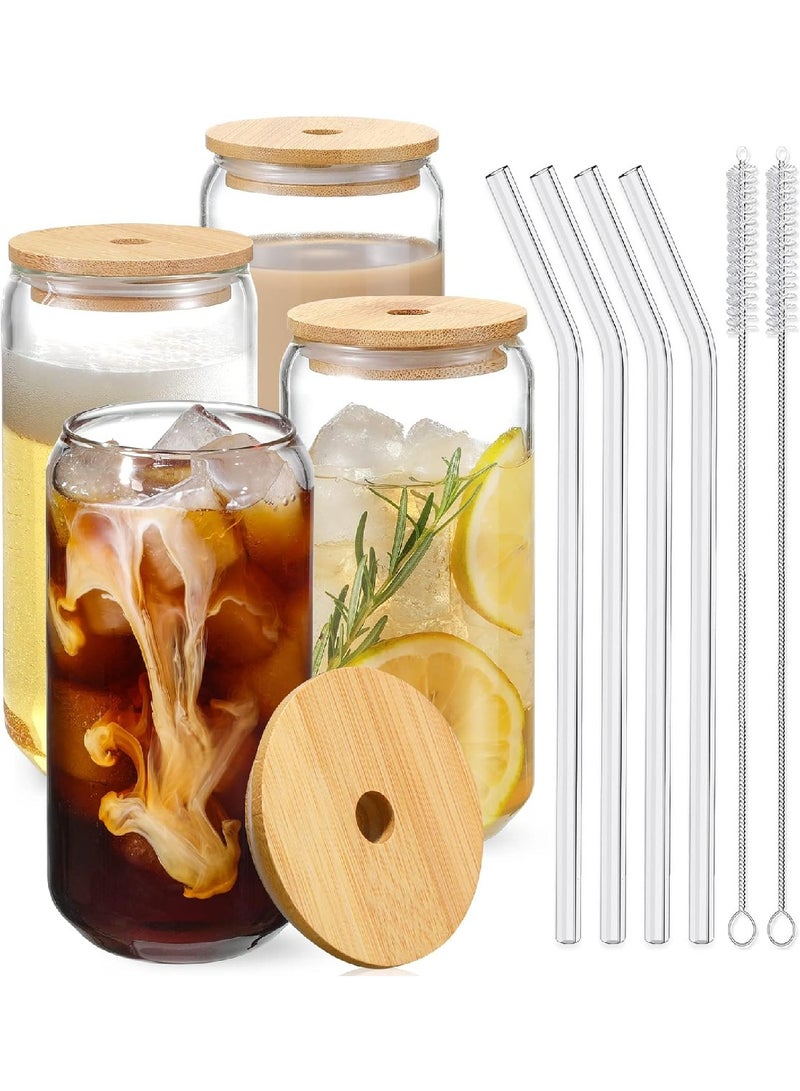 Drinking Cups With Bamboo Lid And Glass Straw, Set Of 4, 16 OZ