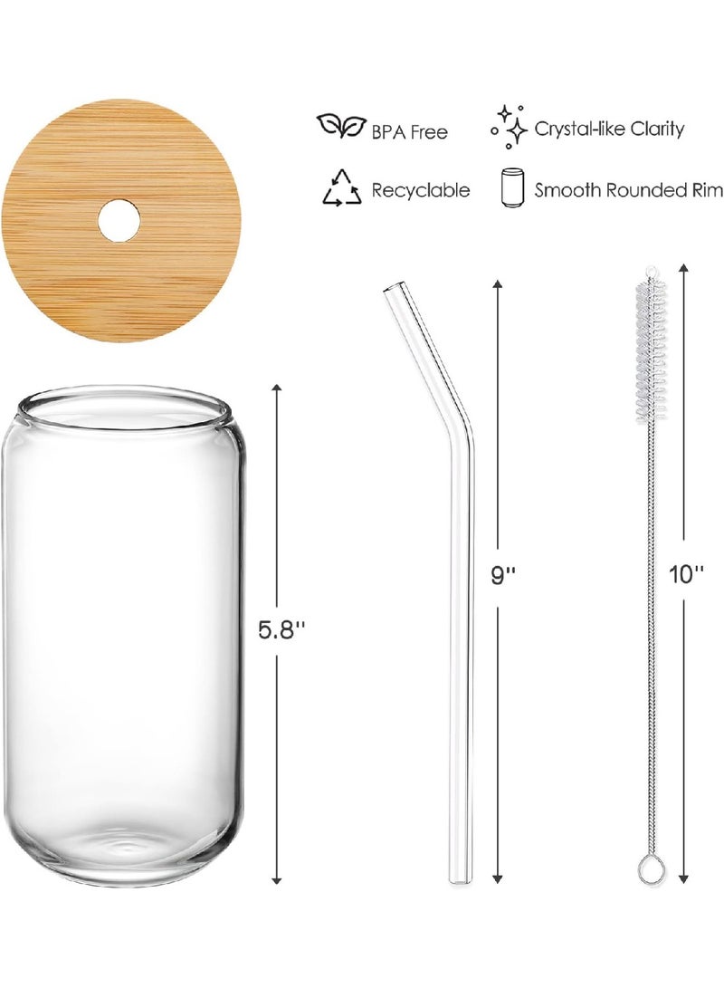 Drinking Cups With Bamboo Lid And Glass Straw, Set Of 4, 16 OZ