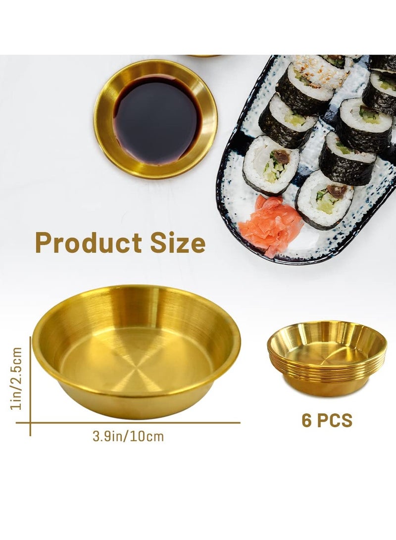 6Pcs Stainless Steel Round Seasoning Dishes - 2 Oz Soy Sauce Dipping Bowls, 4 Inch Pinch Bowls for Cooking Prep, Metal Sushi Appetizer Plates for Appetizer, Ketchup, Dessert (Gold)